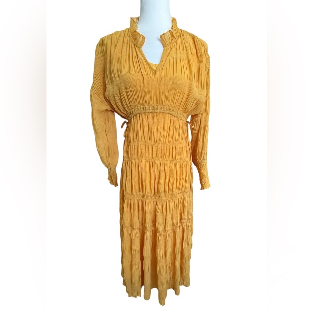 Boho Maxi Dress Mustard Yellow Chiffon Tiered Smocked Cottagecore Romantic S M